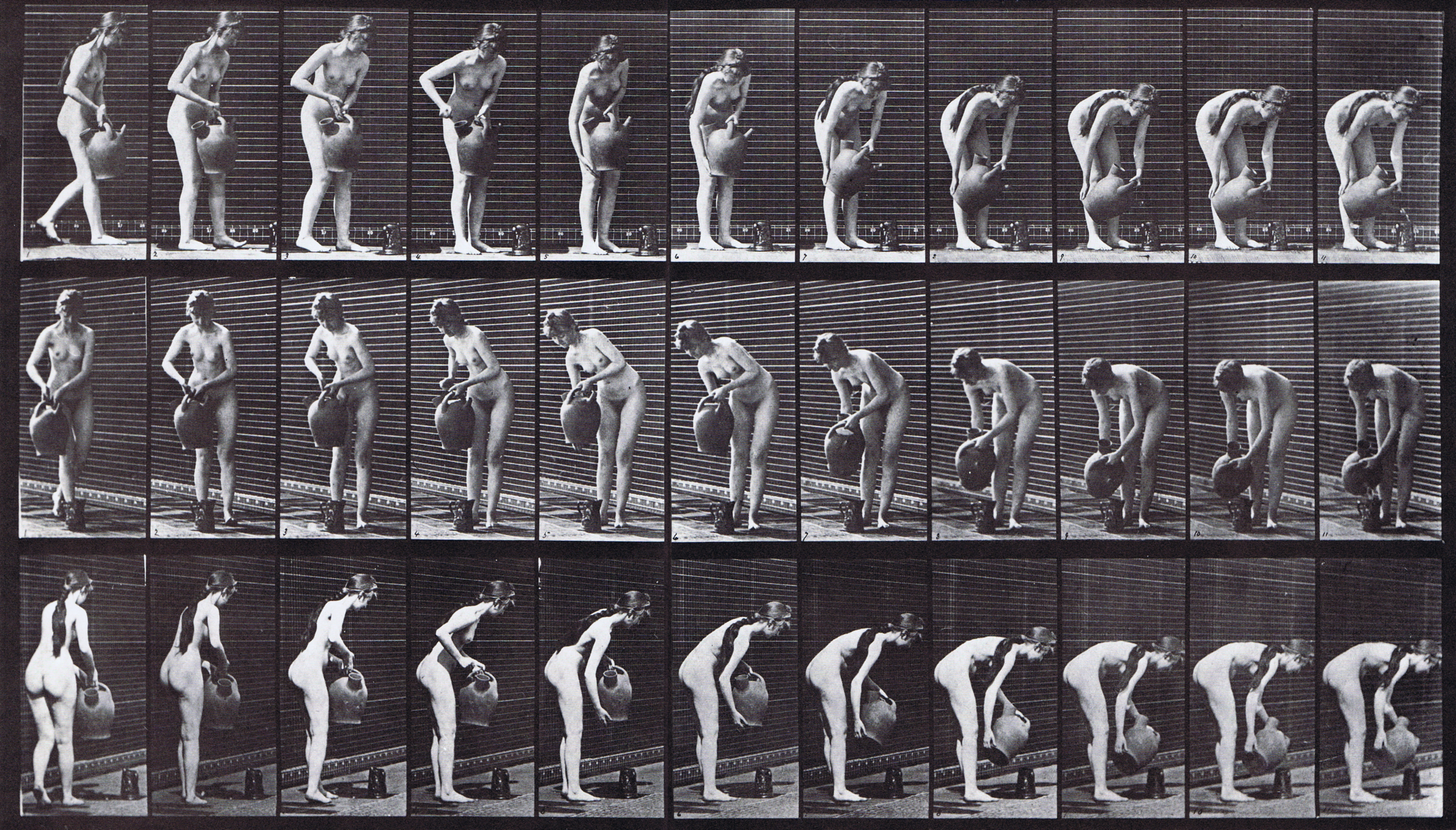 large profile, front three-quarter, and rear three-quarter views of nude female filling a pitcher from a water jar animation reference using muybridge plate 446 from animal locomotion