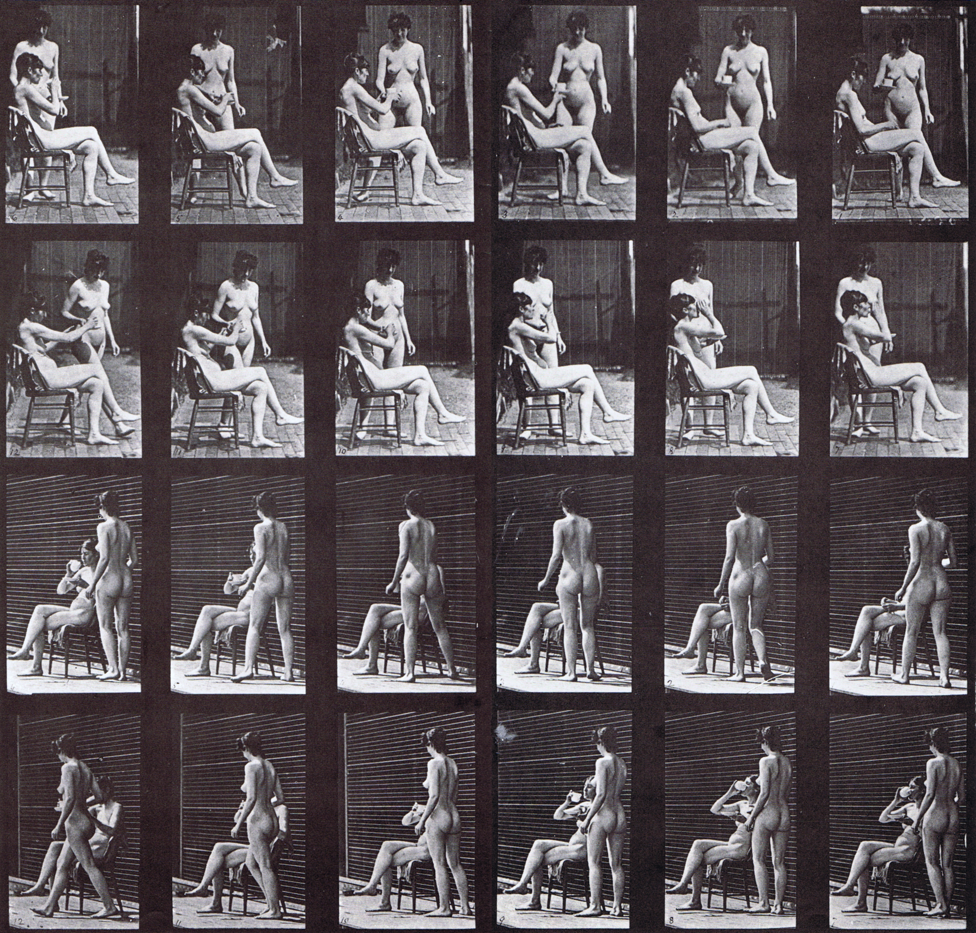 large front and three-quarter views of two nude females, one bring a cup of tea to another, other drinks animation reference using muybridge plate 451 from animal locomotion