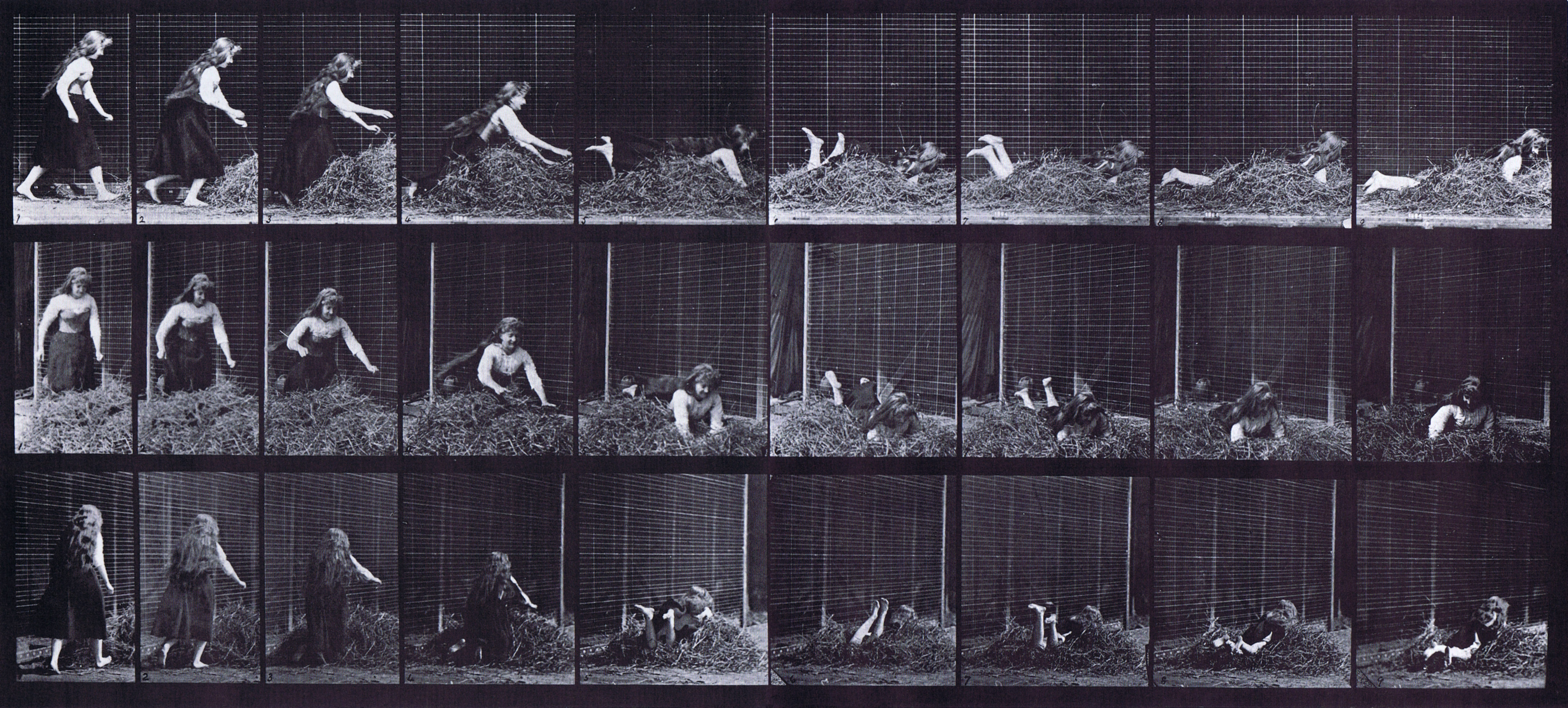 large profile, front three-quarter, and rear three-quarter views of clothed female throwing herself on a heap of hay animation reference using muybridge plate 455 from animal locomotion