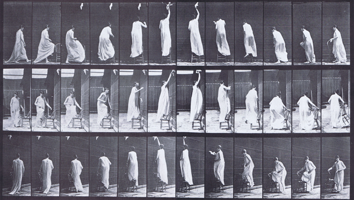 Profile, front, and rear three-quarter views of semi nude female in dress ascending a chair reaching with right hand then descending animation reference using muybridge plate 459 from animal locomotion