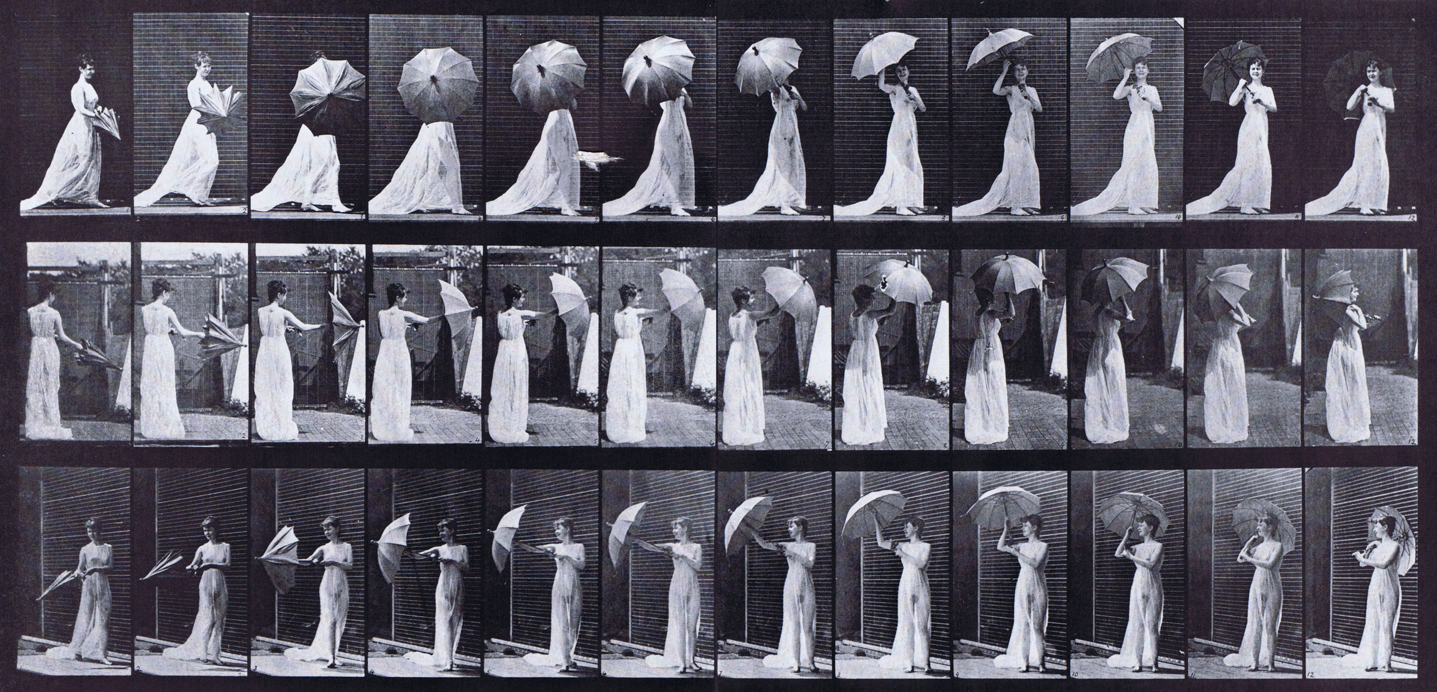 large profile, rear, and front three-quarter views of semi nude female in dress opening a parasol then turning around animation reference using muybridge plate 461 from animal locomotion