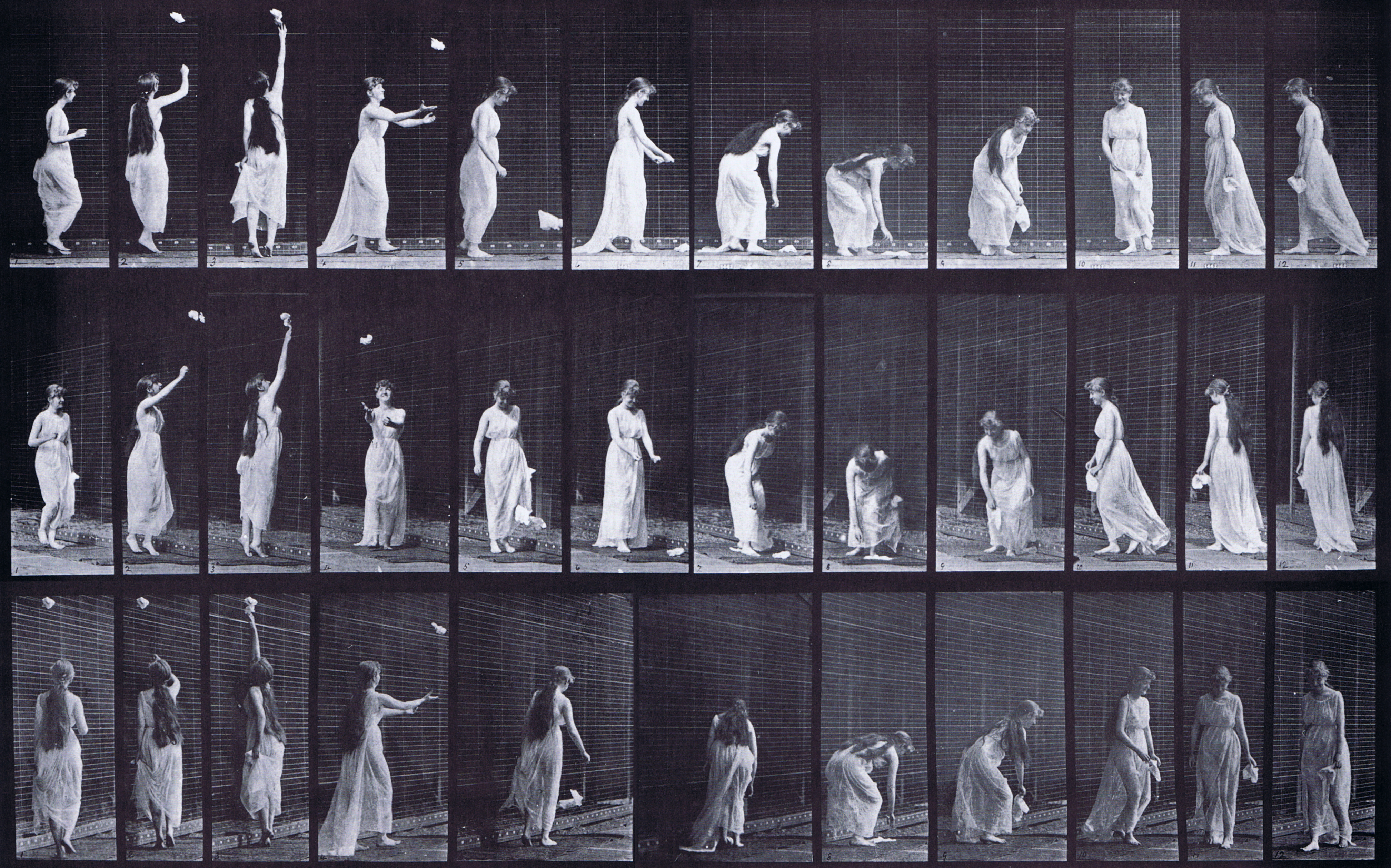 large profile, front three-quarter, and rear three-quarter views of semi nude female in dress reaching, then stooping, then turning around animation reference using muybridge plate 463 from animal locomotion