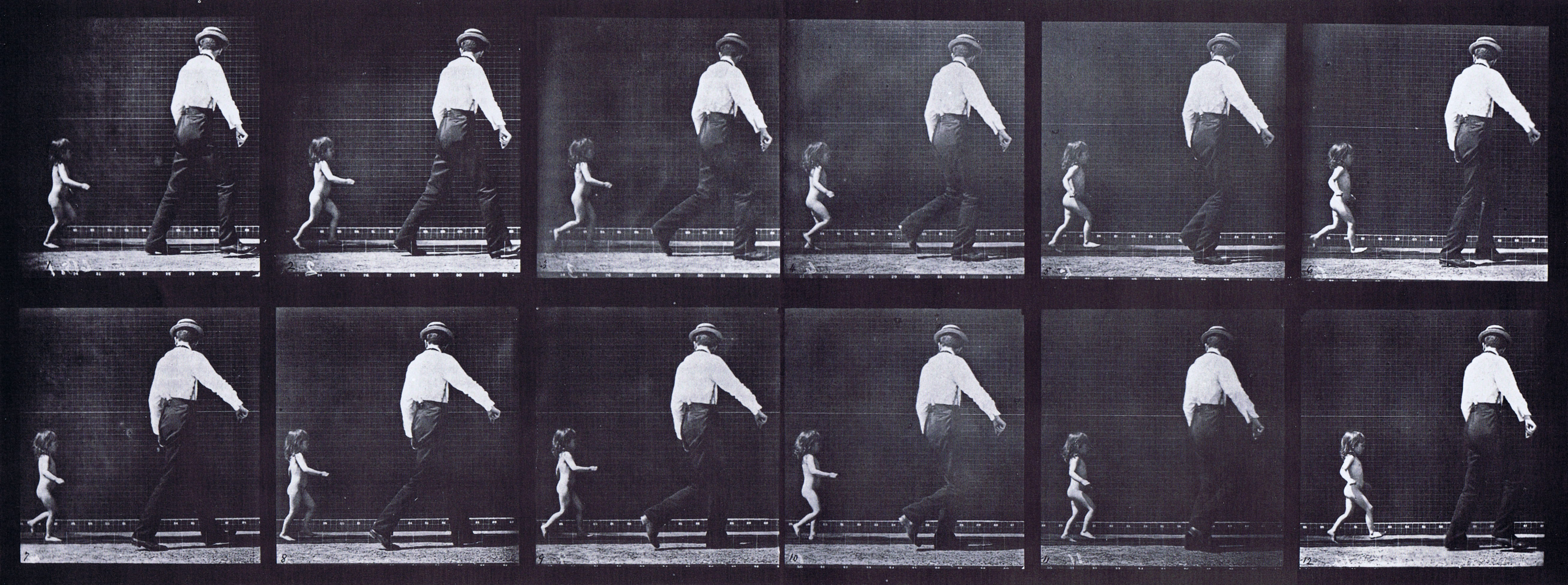 large profile view of nude child running after a walking clothed male animation reference using muybridge plate 470 from animal locomotion