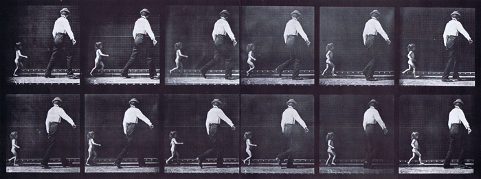 Profile view of nude child running after a walking clothed male animation reference using muybridge plate 470 from animal locomotion