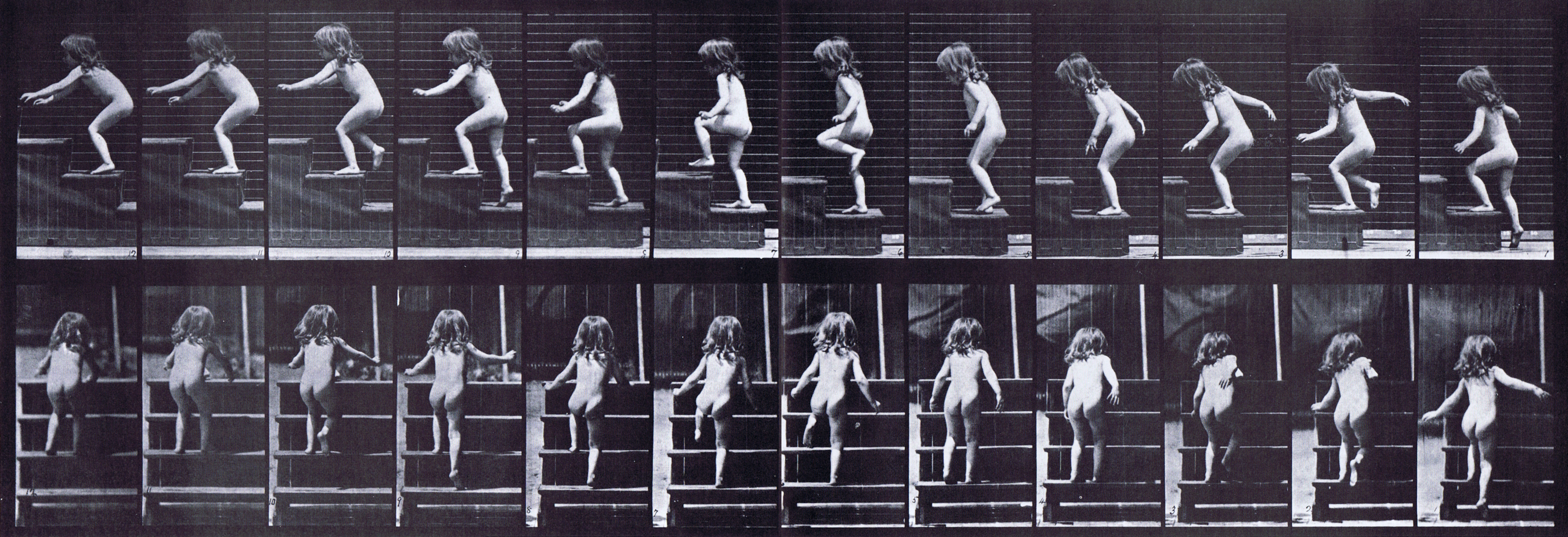 large profile and rear views of nude female toddler child walking up stairs animation reference using muybridge plate 473 from animal locomotion