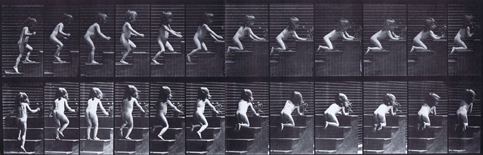 Profile and rear three-quarter views of nude female toddler child walking up stairs then kneeling and reaching for a vase of flowers animation reference using muybridge plate 474 from animal locomotion