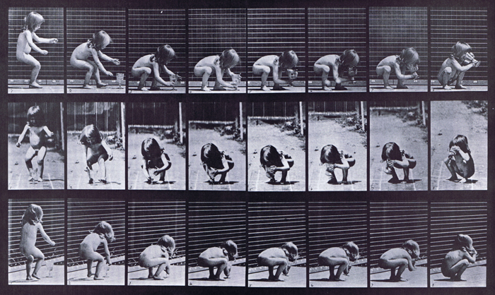 Profile, front, and rear three-quarter views of nude male toddler child stooping and lifting a goblet from the ground and drinking animation reference using muybridge plate 477 from animal locomotion