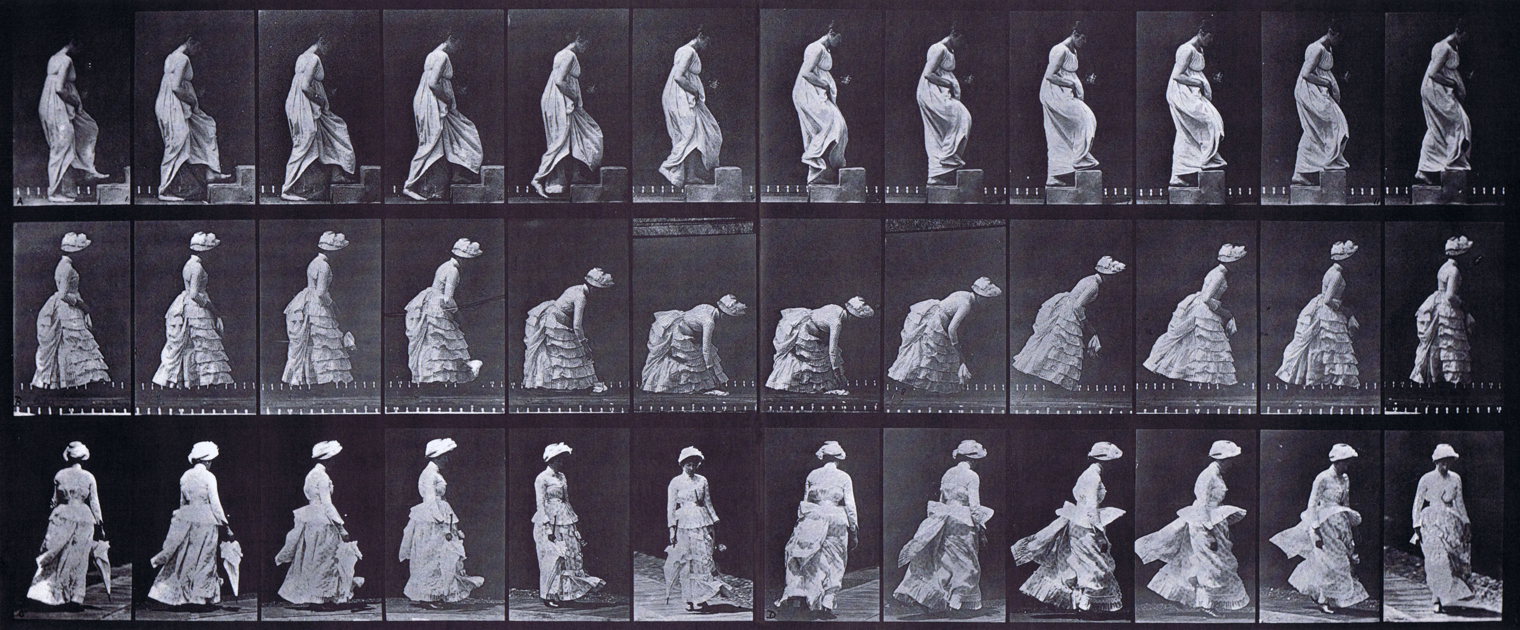 large profile views of clothed female ascending a step and picking up a handkerchief, 180 degree rotation bullet time walking animation reference using muybridge plate 487 from animal locomotion