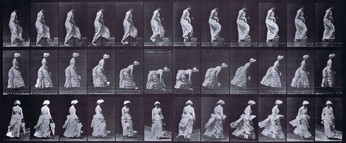 Profile views of clothed female ascending a step and picking up a handkerchief, 180 degree rotation bullet time walking animation reference using muybridge plate 487 from animal locomotion