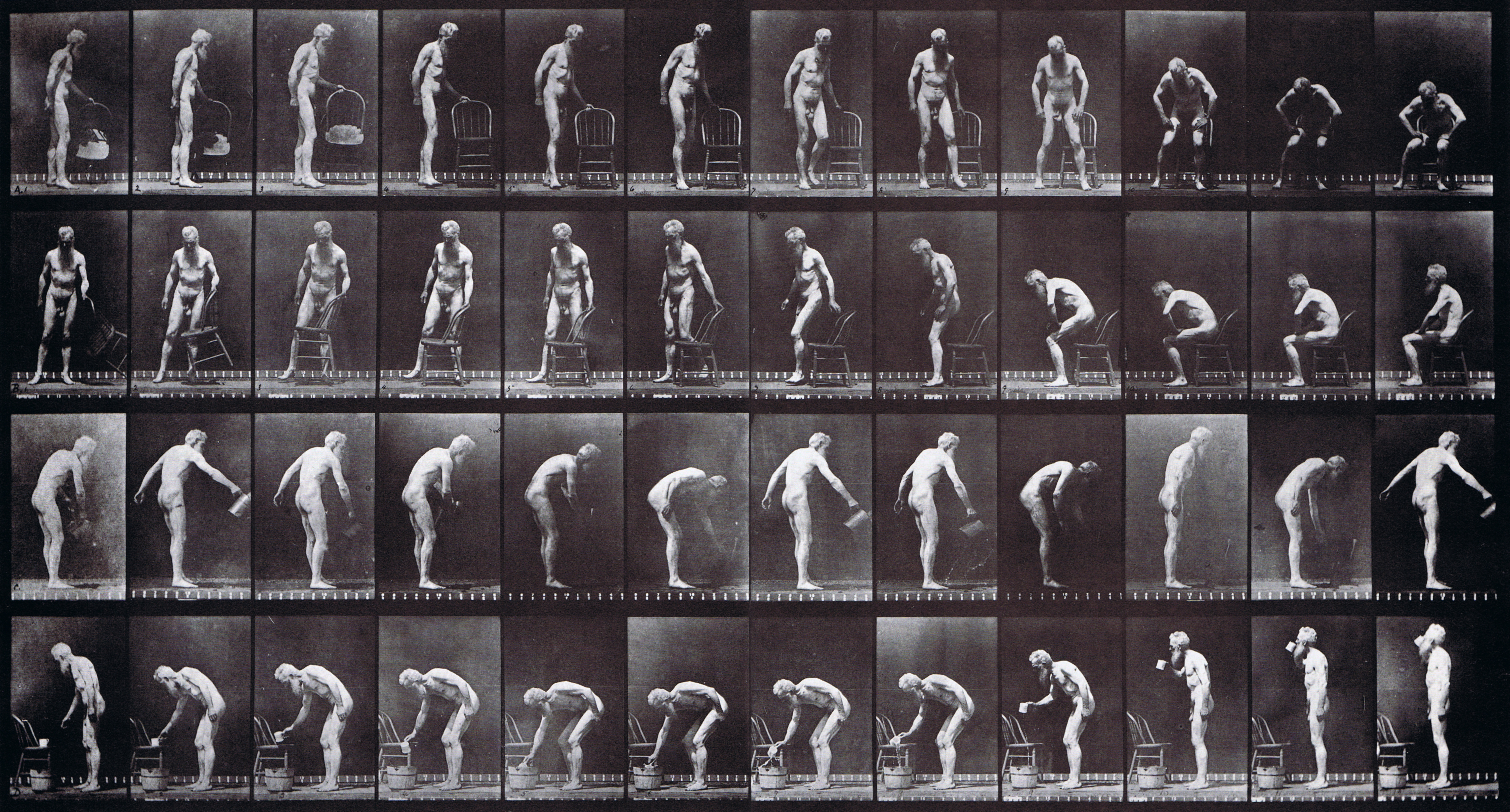 large profile and front views of nude male sitting in a chair, profile view of nude male sprinkling a water can, and lifting a cup of water from a bucket and drinking animation reference using muybridge plate 490 from animal locomotion