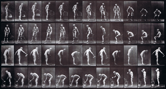 Profile and front views of nude male sitting in a chair, profile view of nude male sprinkling a water can, and lifting a cup of water from a bucket and drinking animation reference using muybridge plate 490 from animal locomotion