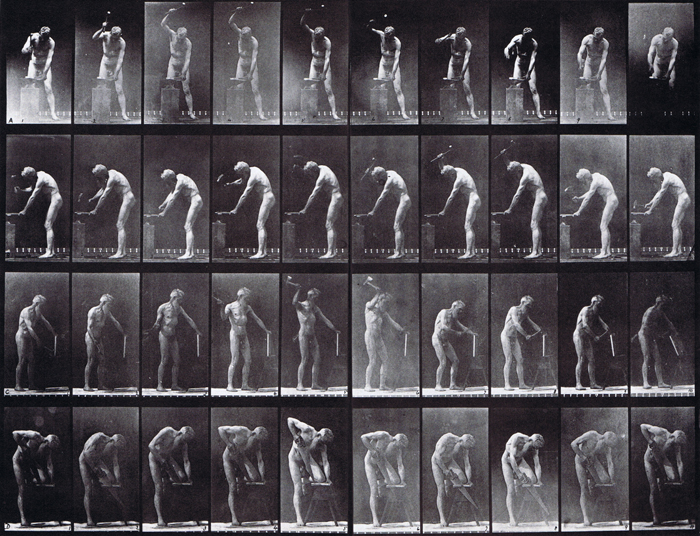 Front and profile views of nude male hammering an anvil and profile views of nude male splitting wood with a hatchet and sawing wood animation reference using muybridge plate 491 from animal locomotion