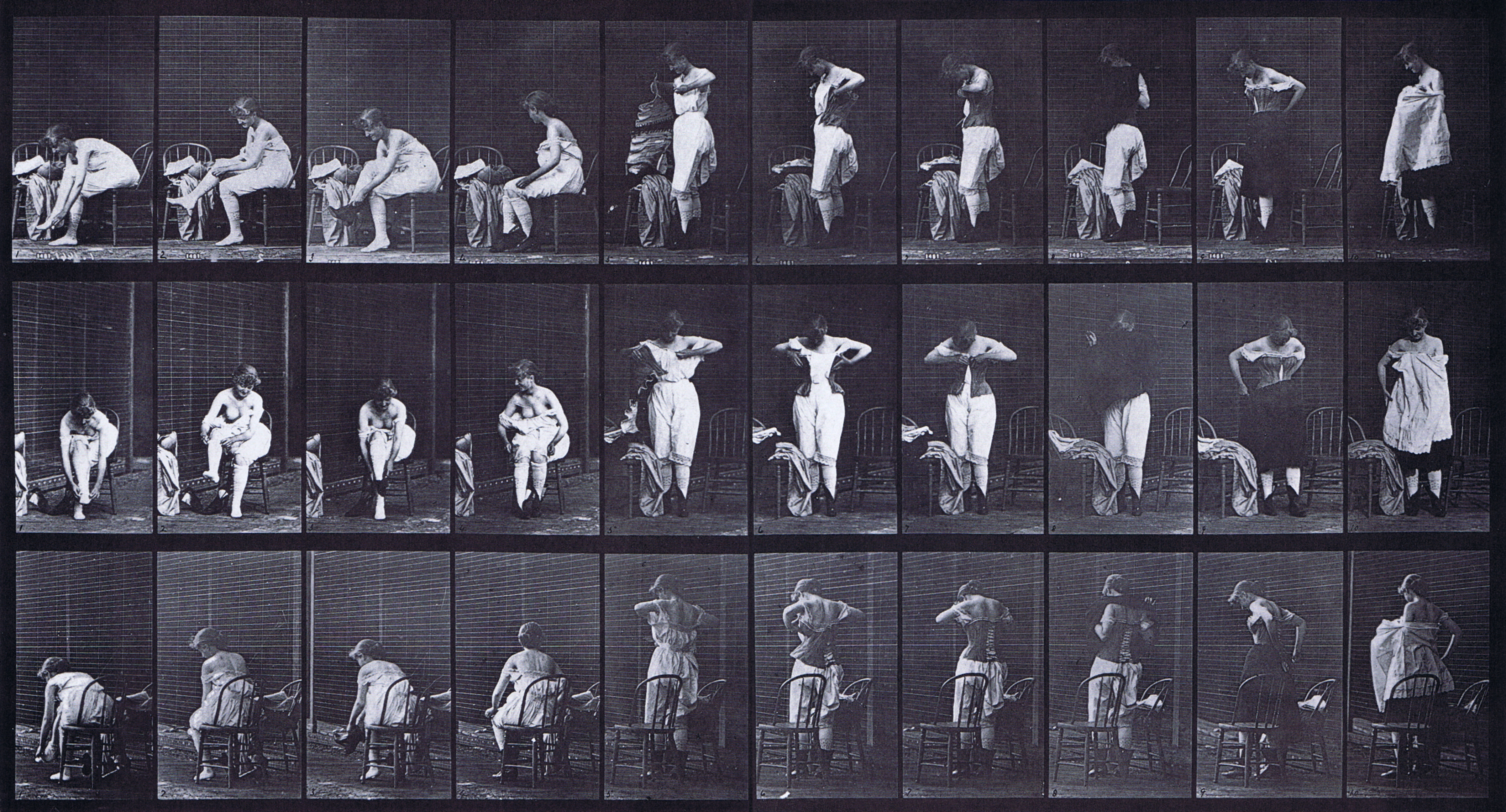 large profile, front three-quarter, rear three-quarter views of clothed female getting dressed animation reference using muybridge plate 494 from animal locomotion