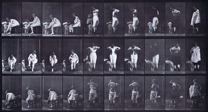 Profile, front three-quarter, rear three-quarter views of clothed female getting dressed animation reference using muybridge plate 494 from animal locomotion