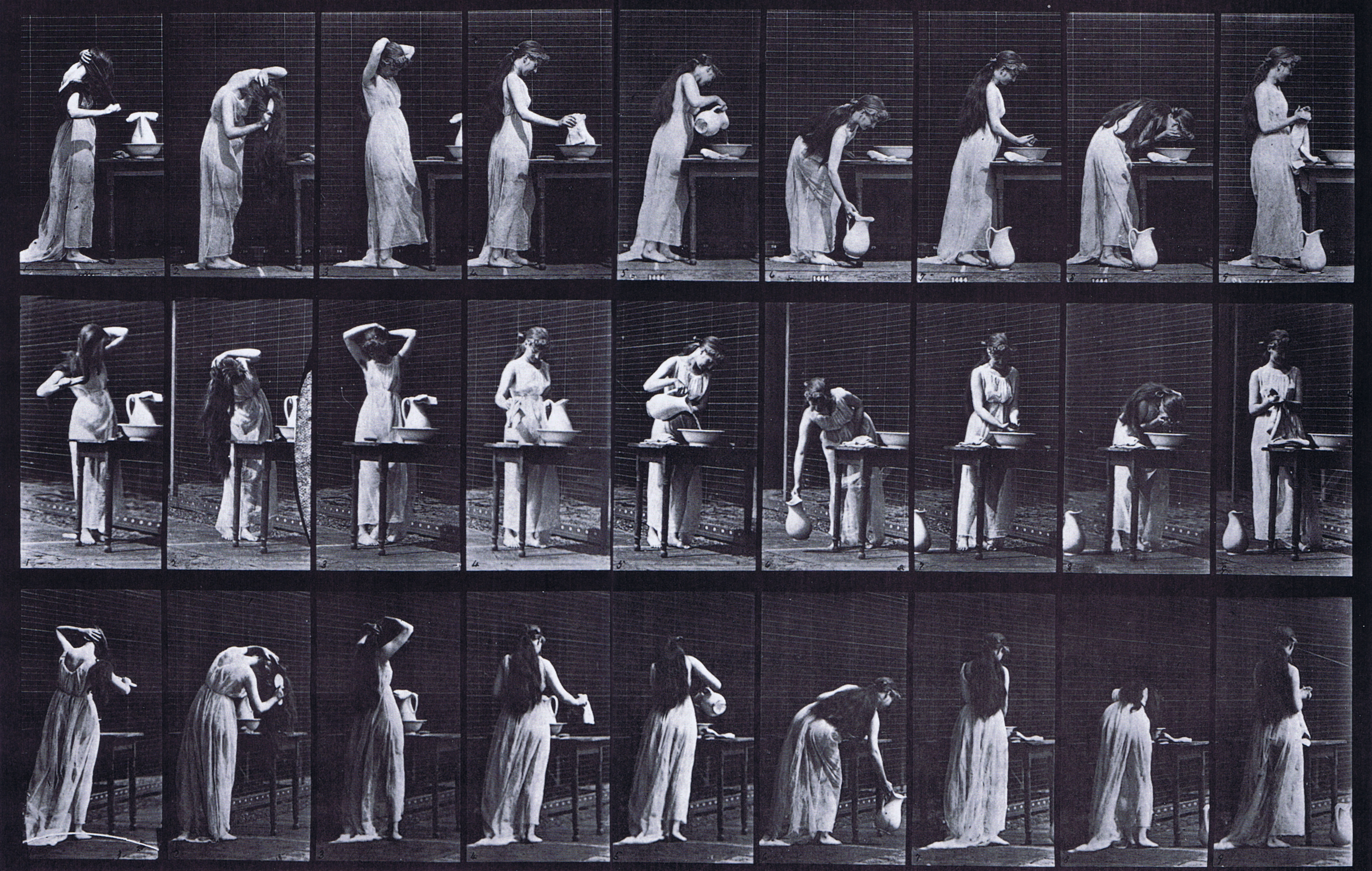 large profile, front thee-quarter, and rear three-quarter views of semi nude female brushing hair then washing face at sink animation reference using muybridge plate 496 from animal locomotion