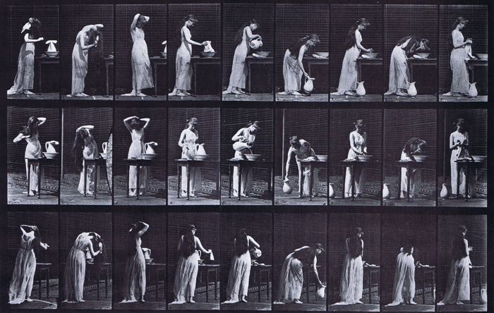 Profile, front thee-quarter, and rear three-quarter views of semi nude female brushing hair then washing face at sink animation reference using muybridge plate 496 from animal locomotion