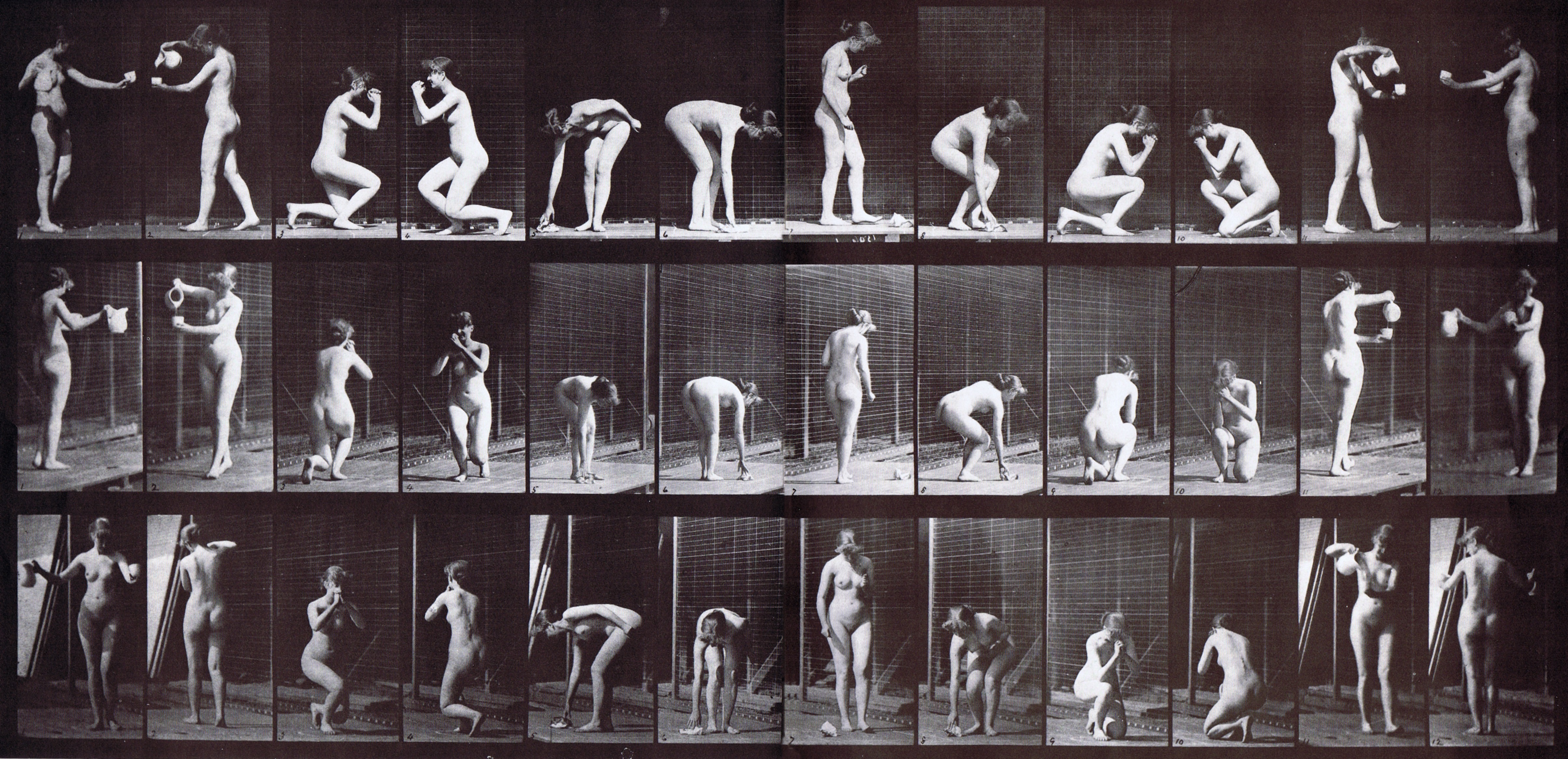 large profile, front three-quarter, and rear three-quarter views of two nude females kneeling, stooping, lifting, filling cup with pitcher animation reference using muybridge plate 501 from animal locomotion