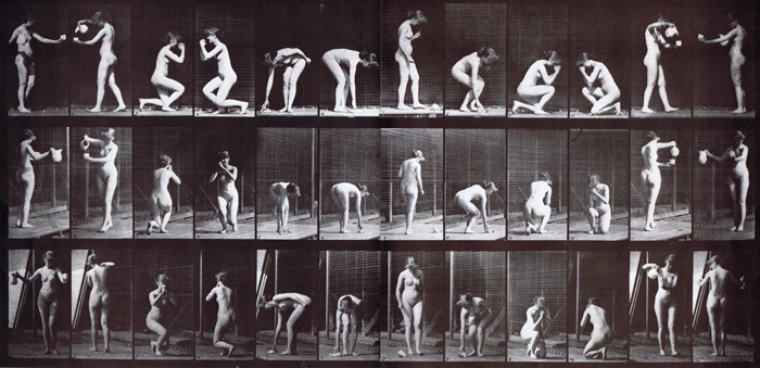 Profile, front three-quarter, and rear three-quarter views of two nude females kneeling, stooping, lifting, filling cup with pitcher animation reference using muybridge plate 501 from animal locomotion