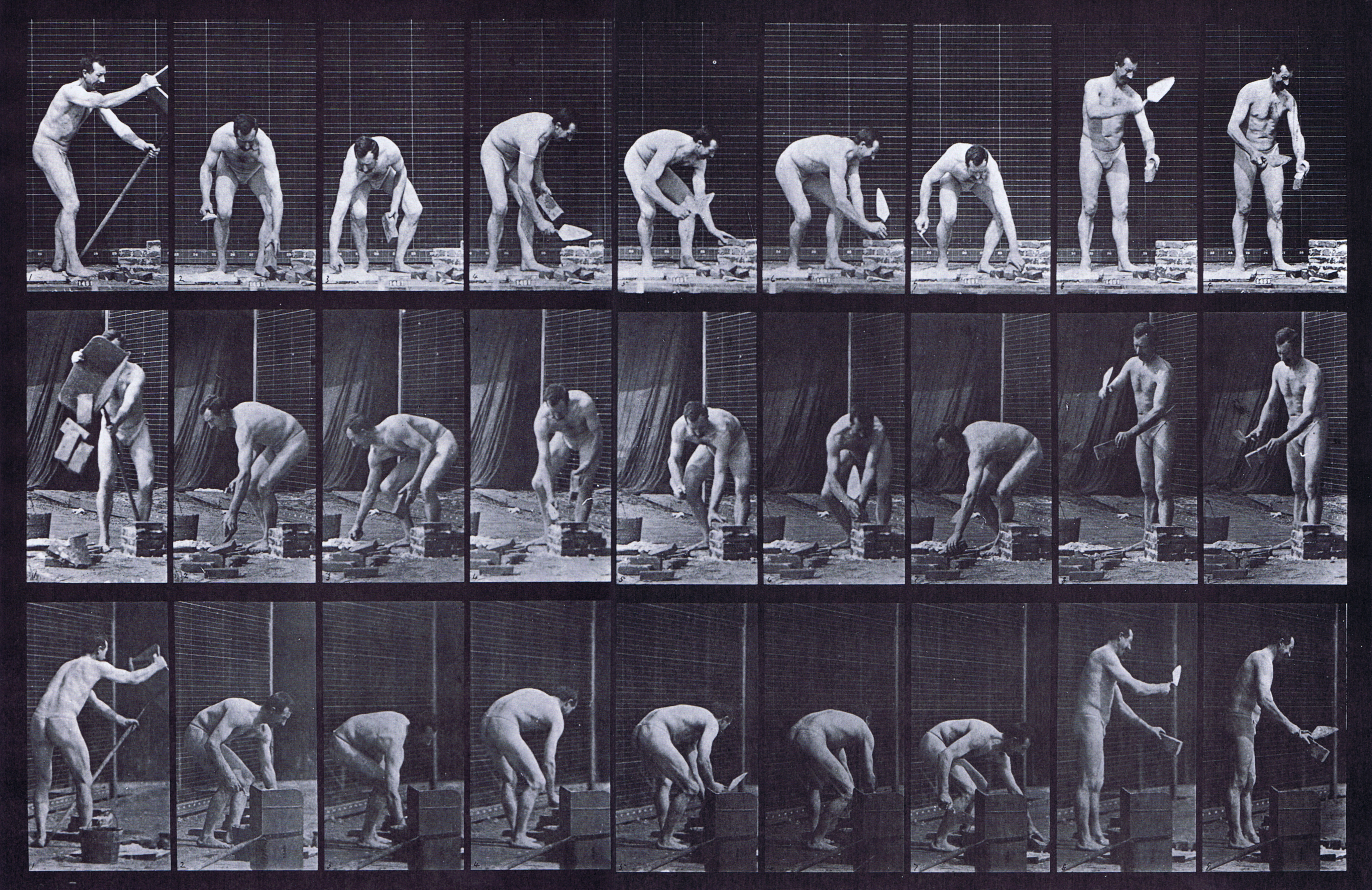 large profile, front three-quarter, rear three-quarter views of semi nude male in underwear, laying brick and mortor animation reference using muybridge plate 505 from animal locomotion