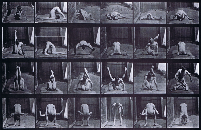 Front views of a semi nude male in underwear preforming various acrobat contortions on the ground animation reference using muybridge plate 511 from animal locomotion