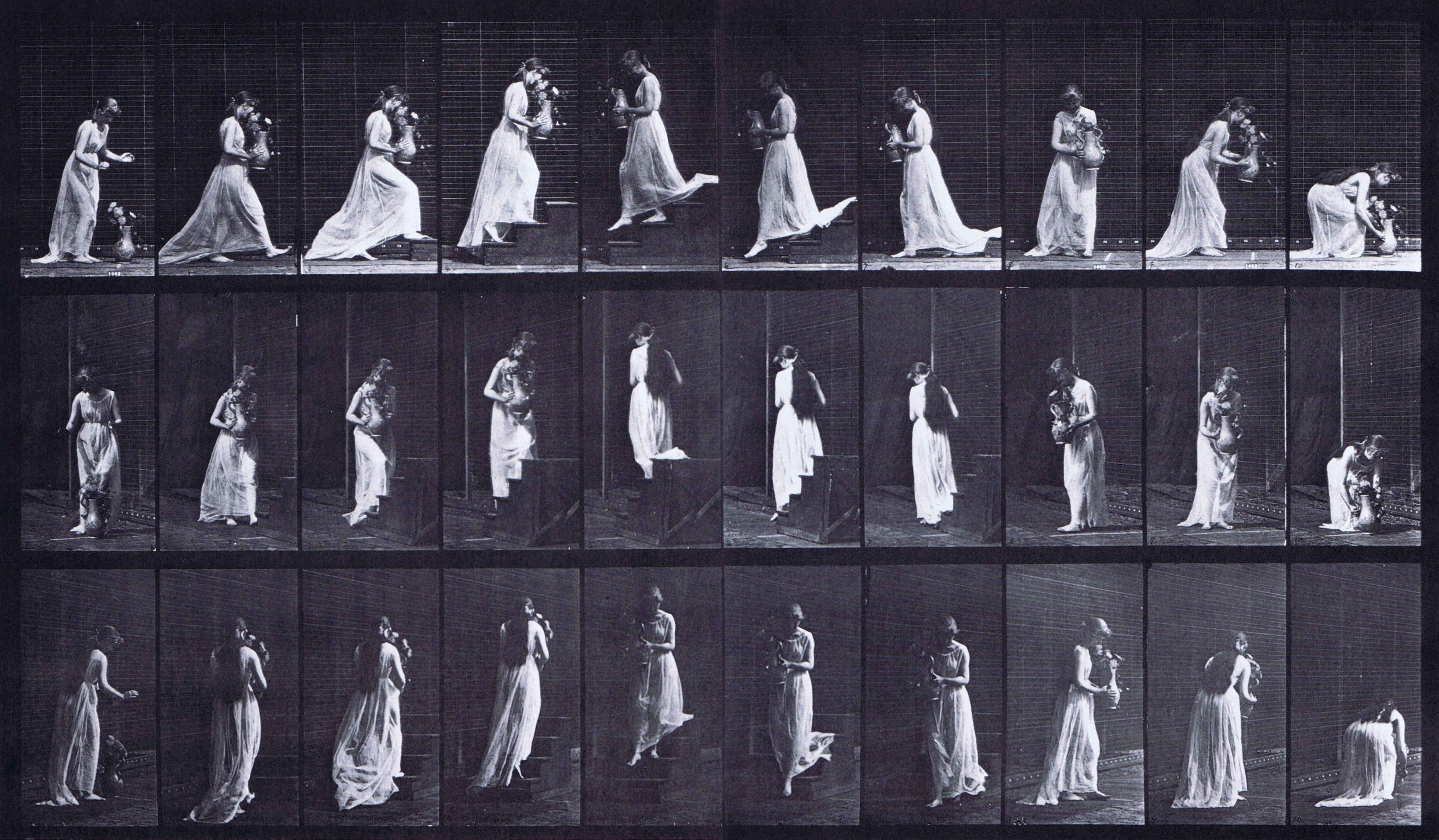 large profile, front three-quarter, and rear three-quarter views of semi nude female in dress ascending and descending stairs carrying a vase full of flowers animation reference using muybridge plate 515 from animal locomotion
