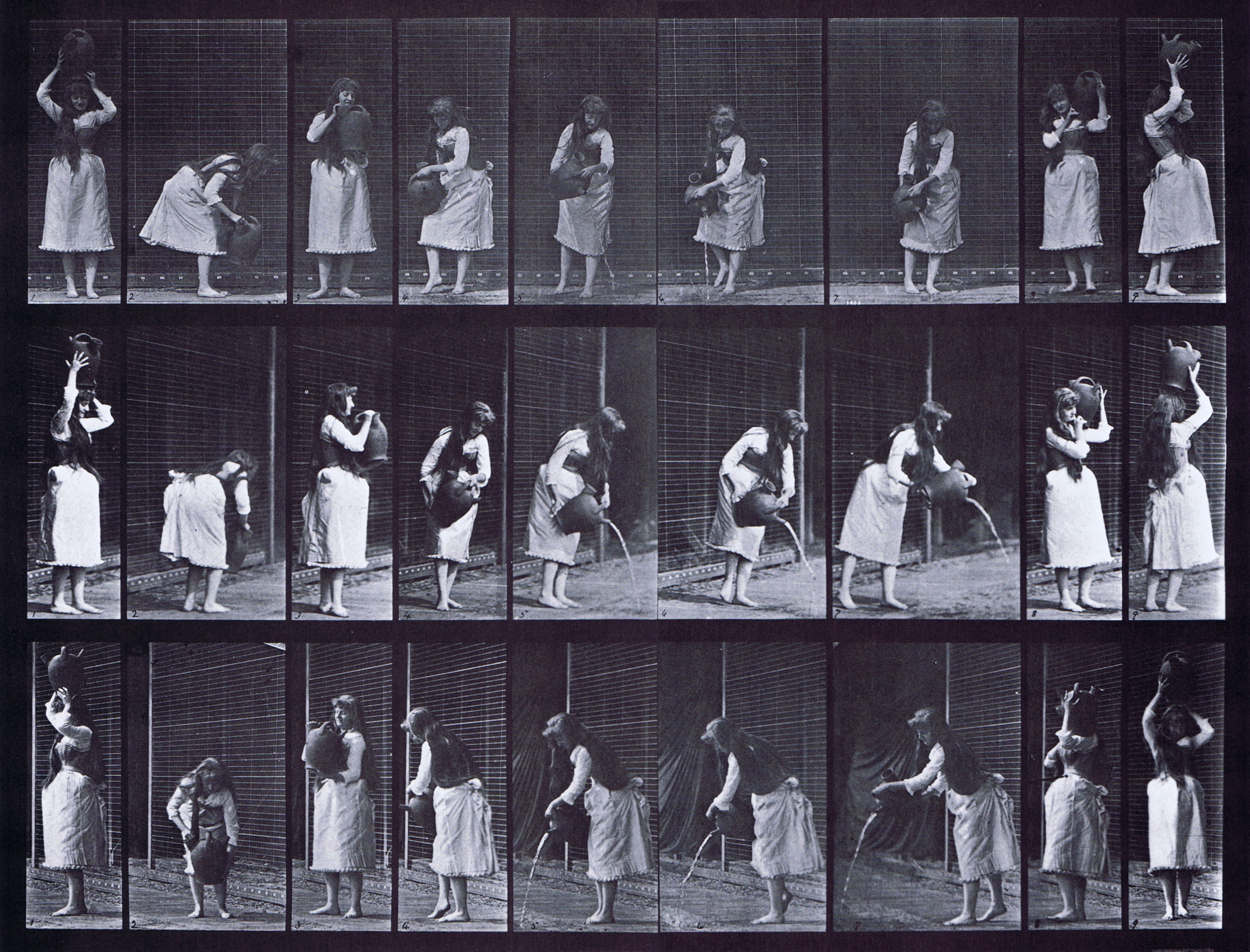 large front, rear three-quarter, and front three-quarter views of clothed female preforming miscellaneous movements with a water jar animation reference using muybridge plate 516 from animal locomotion