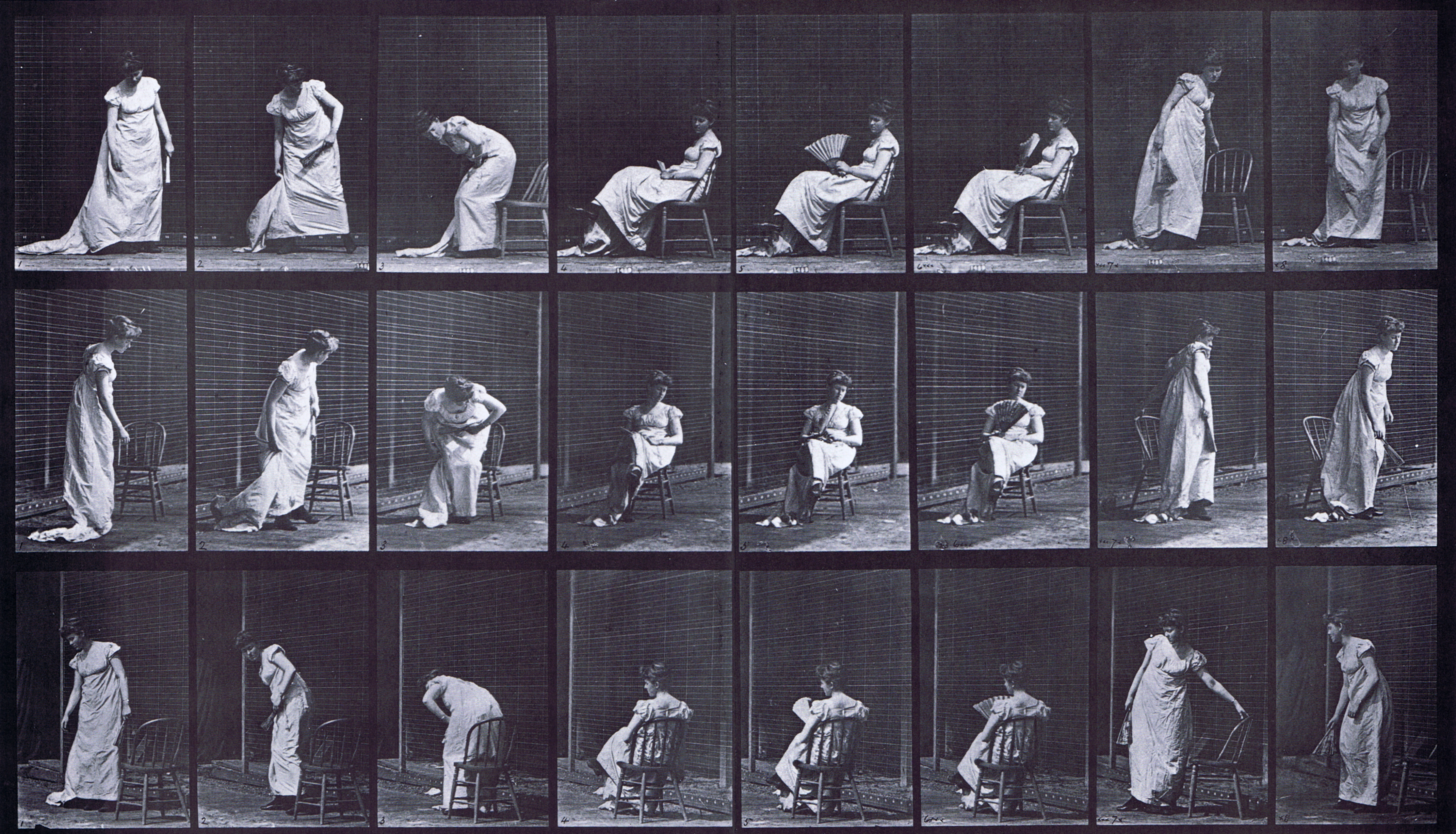 large profile, front three-quarter, and rear three-quarter views of a clothed female sitting and rising in a chair animation reference using muybridge plate 518 from animal locomotion