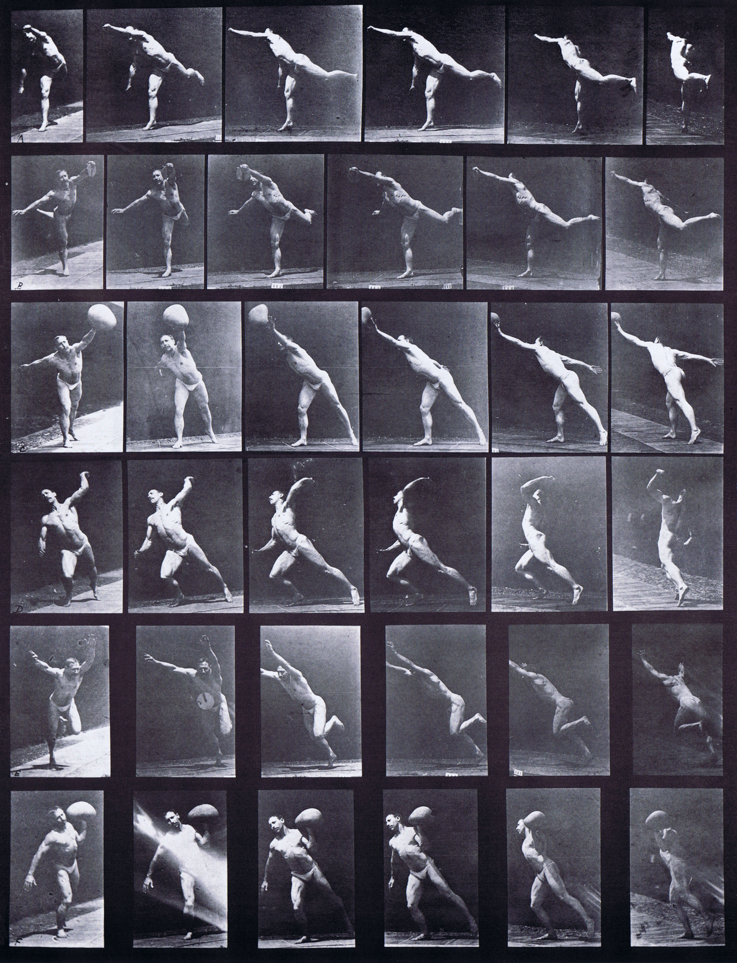 large bullet time, 180 degree rotation of a semi nude male preforming miscellaneous throwing animation reference using muybridge plate 523 from animal locomotion