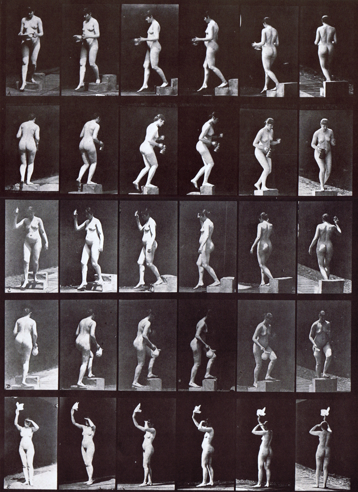 Bullet time, 180 rotation of a nude female preforming miscellaneous ascending and descending stairs animation reference using muybridge plate 525 from animal locomotion