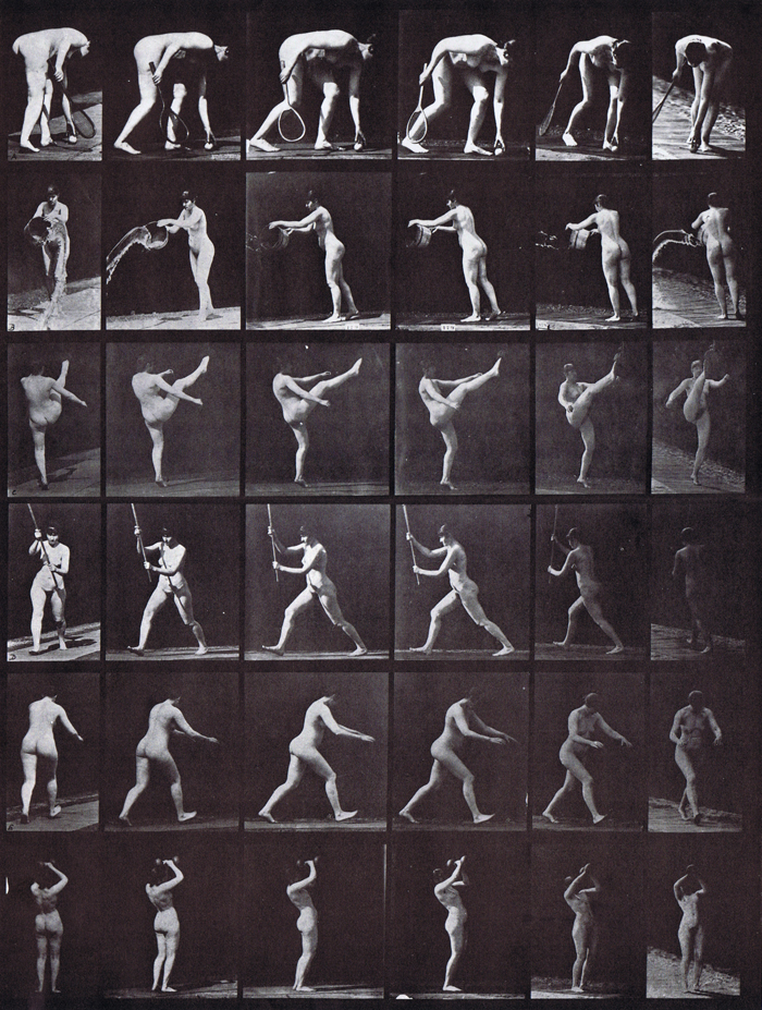 Bullet time, 180 degree rotation of nude female picking up ball, throwing bucket of water, kicking, running with broom, running, and lifting dumbbell animation reference using muybridge plate 526 from animal locomotion