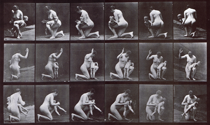 Bullet time, 180 degree rotation of nude female spanking a child animation reference using muybridge plate 527 from animal locomotion