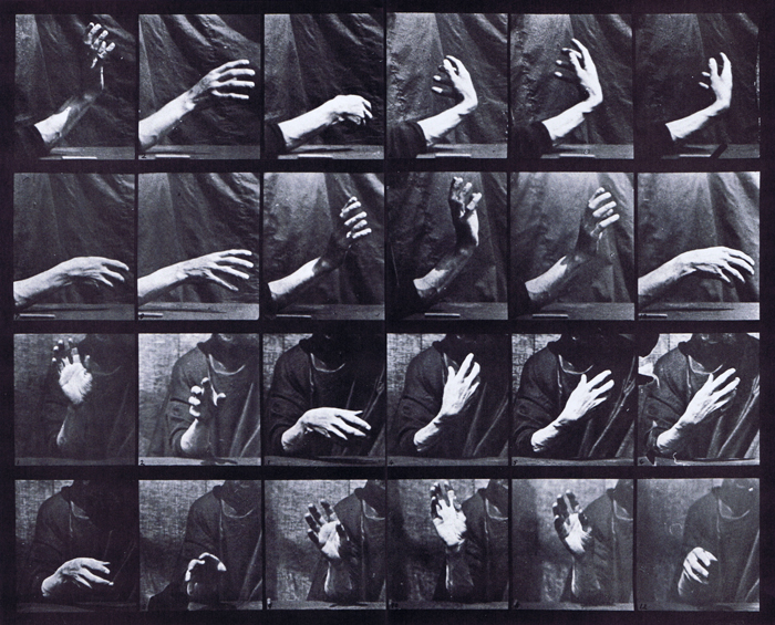 Profile and front views of close up movement of hands beating time animation reference using muybridge plate 535 from animal locomotion