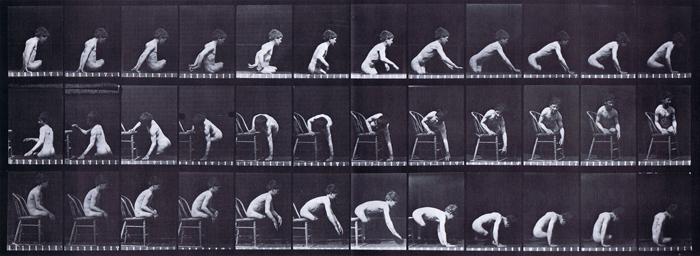 Profile views nude teenage boy, double amputee, moving forward, getting up on chair, getting down from chair animation reference using muybridge plate 538 from animal locomotion
