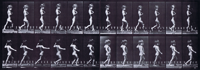Profile views of nude child boy with bowlegs walking and girl with spinal caries walking animation reference using muybridge plate 540 from animal locomotion