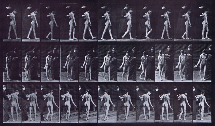 Profile, front three-quarter, and rear three-quarter views of nude female spastic walking with clothed female guiding animation reference using muybridge plate 541 from animal locomotion
