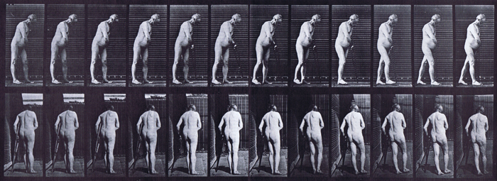 Profile and rear views of nude male spastic walking with a crutch animation reference using muybridge plate 547 from animal locomotion