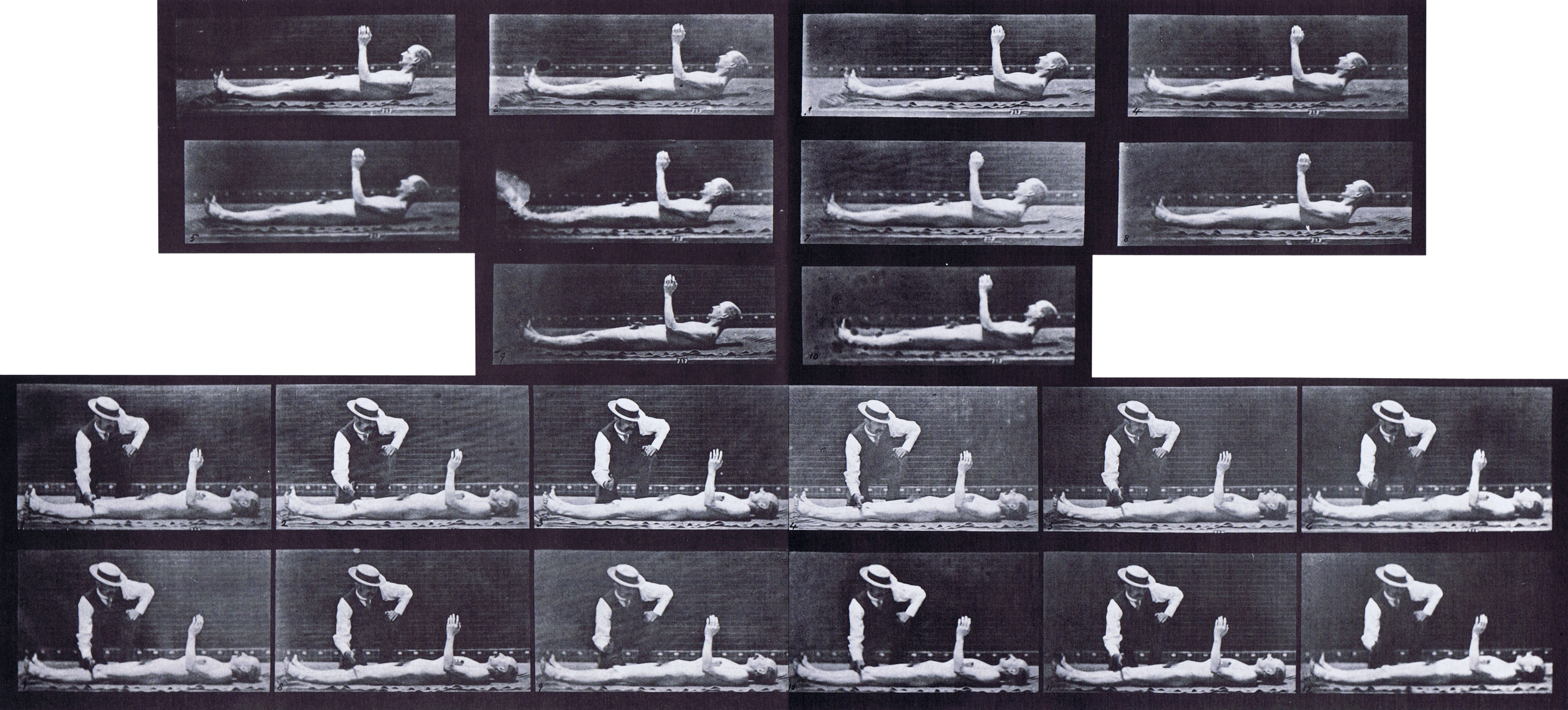 large profile views of nude male with local chorea lying down animation reference using muybridge plate 556 from animal locomotion